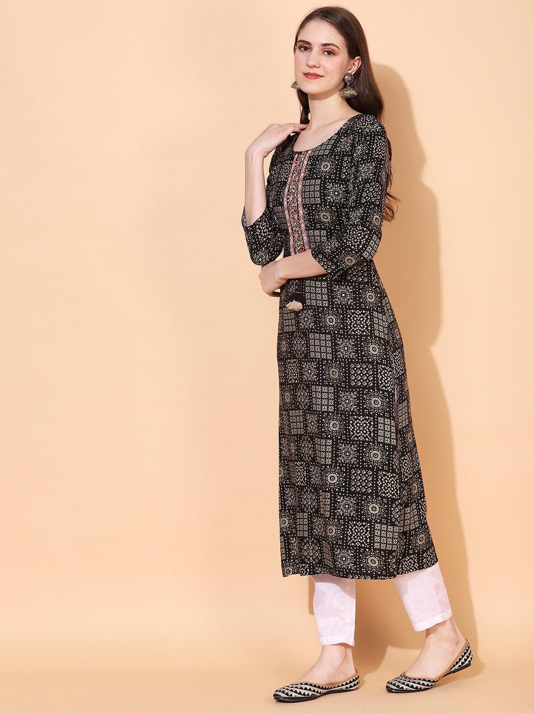 Ethnic Printed & Hand Embroidered Straight Fit Kurta - Black - Indiakreations