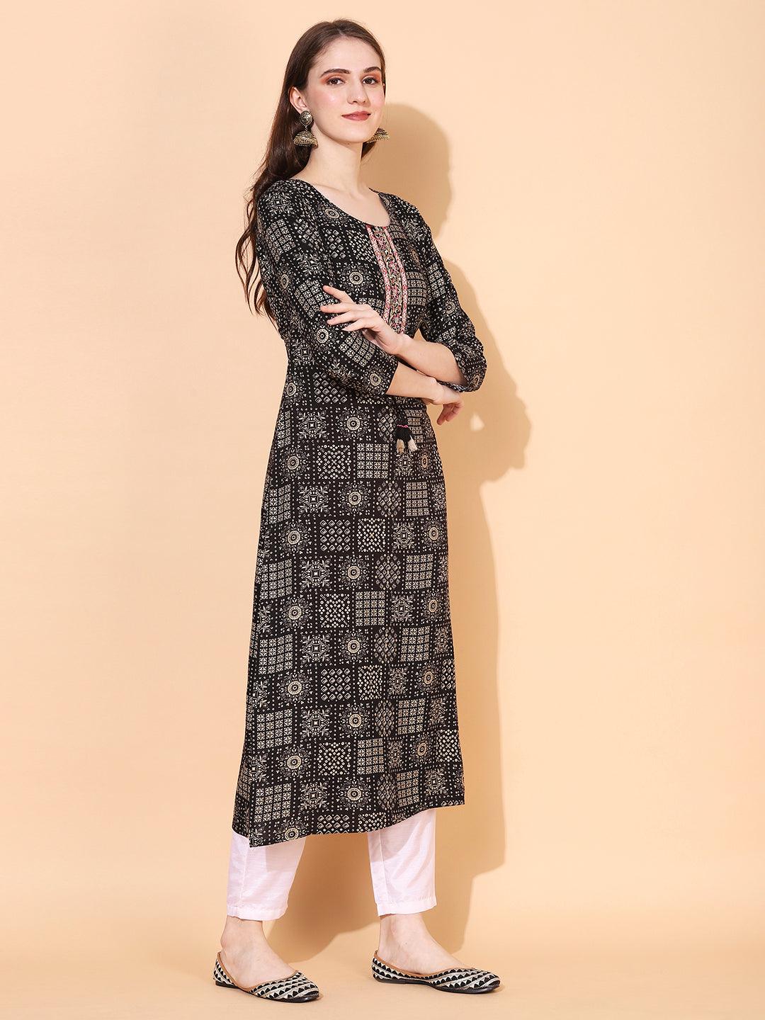 Ethnic Printed & Hand Embroidered Straight Fit Kurta - Black - Indiakreations