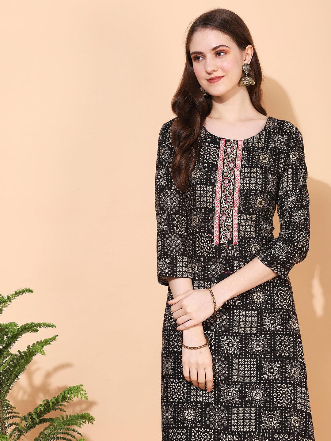 Ethnic Printed & Hand Embroidered Straight Fit Kurta - Black - Indiakreations