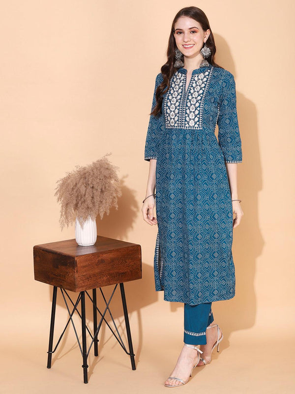 Bandhani Printed & Embroidered A-Line Kurta with Pants - Blue - Indiakreations