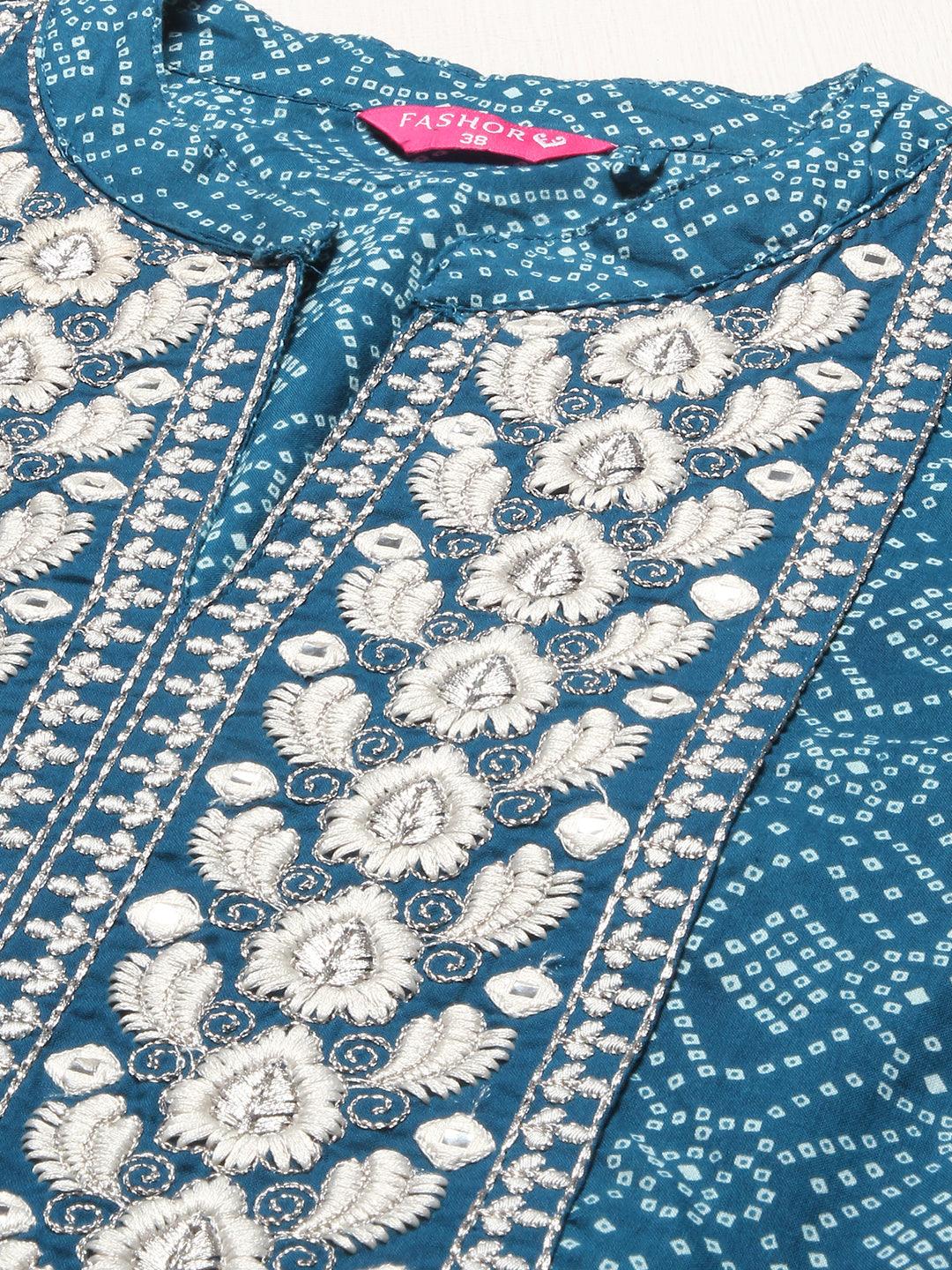 Bandhani Printed & Embroidered A-Line Kurta with Pants - Blue - Indiakreations