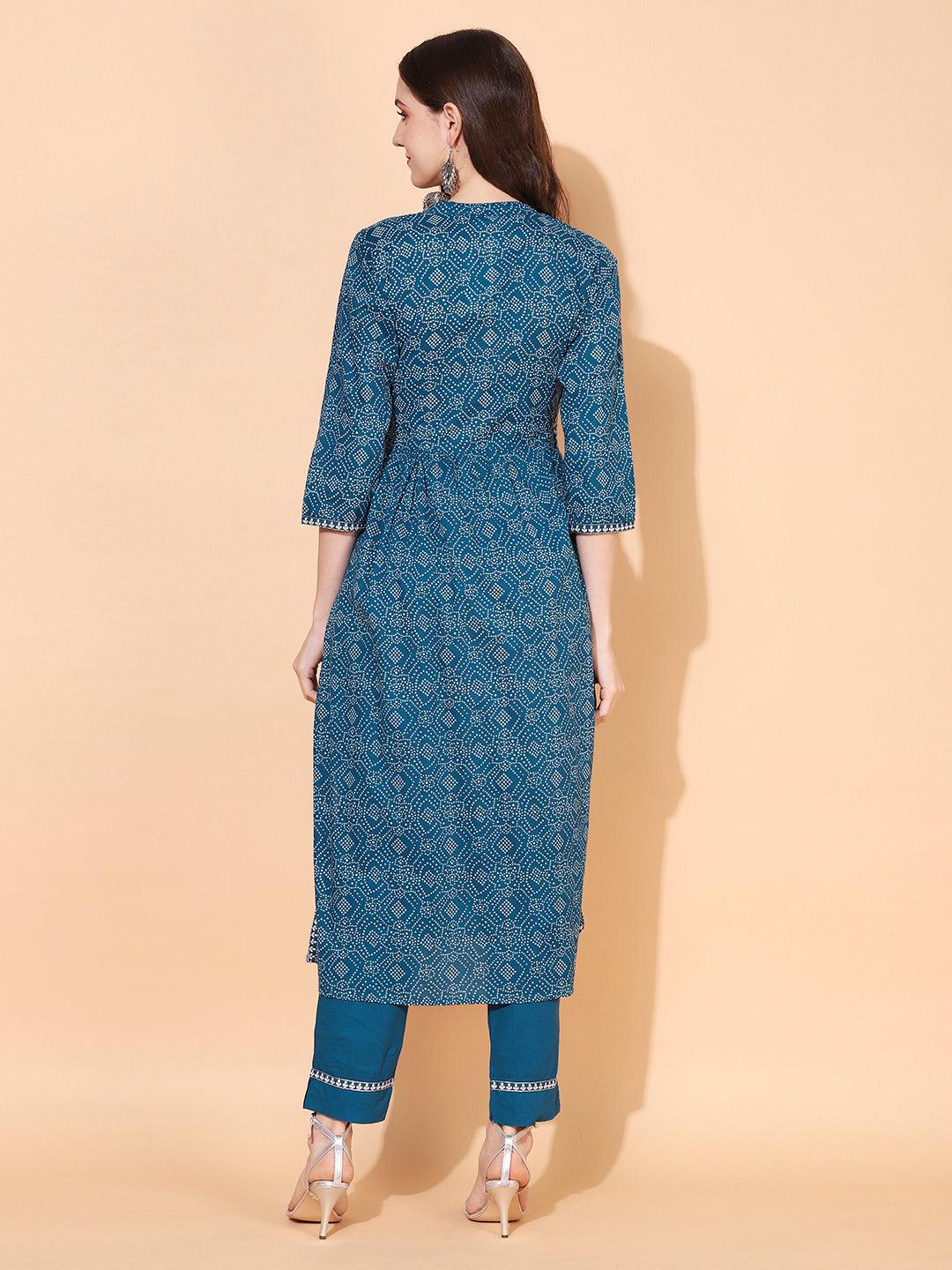 Bandhani Printed & Embroidered A-Line Kurta with Pants - Blue - Indiakreations