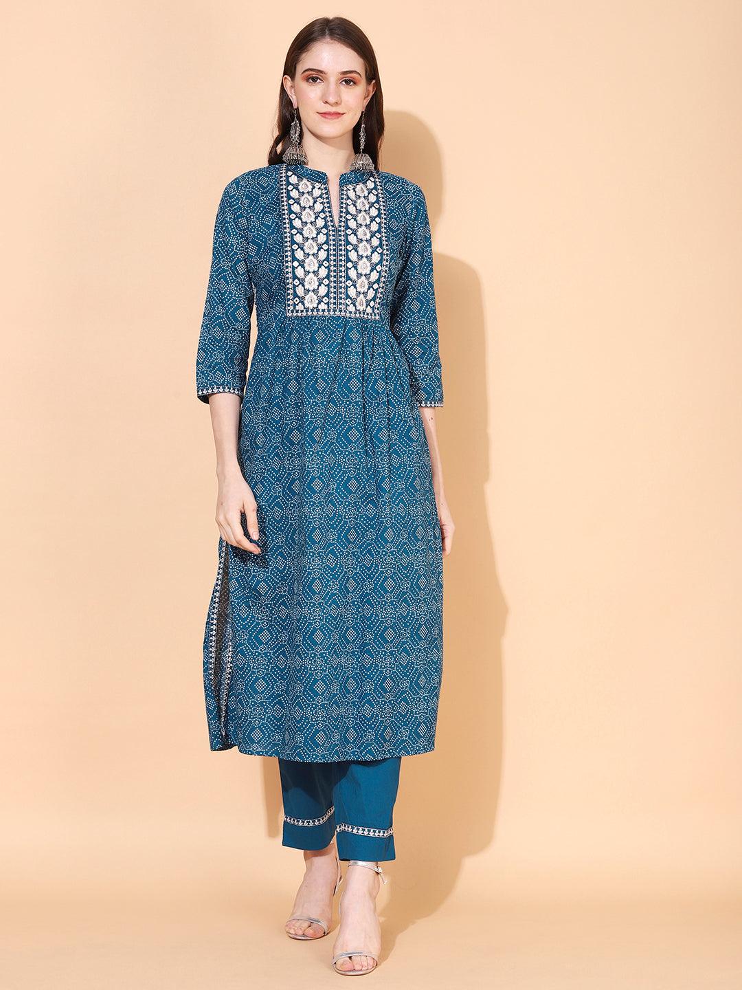 Bandhani Printed & Embroidered A-Line Kurta with Pants - Blue - Indiakreations