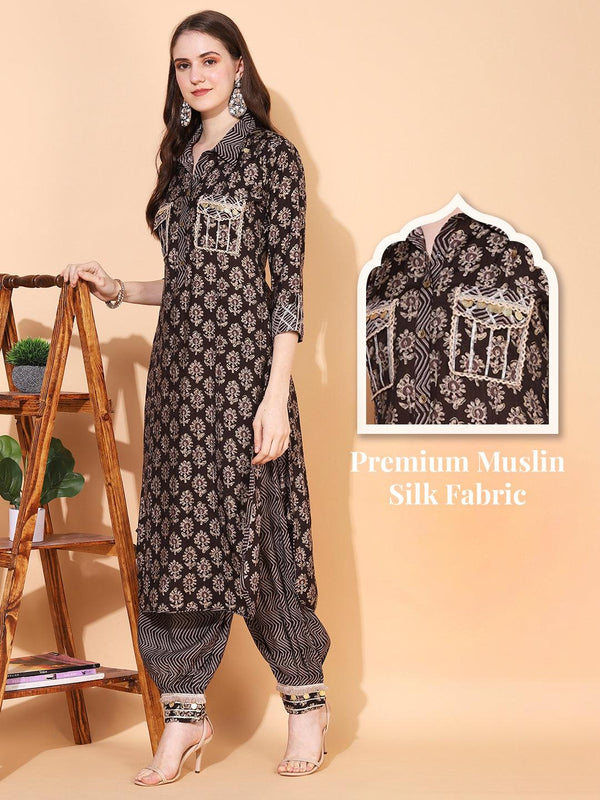 Ethnic Printed & Embroidered Straight Fit Kurta with Pants - Dark Brown - Indiakreations