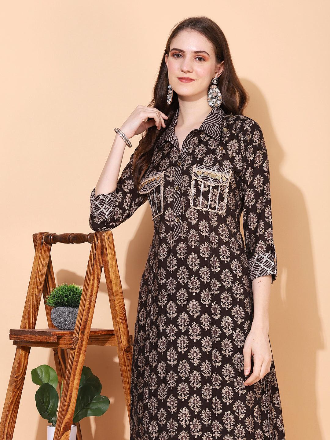 Ethnic Printed & Embroidered Straight Fit Kurta with Pants - Dark Brown - Indiakreations