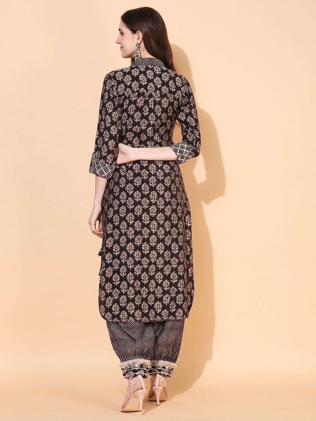 Ethnic Printed & Embroidered Straight Fit Kurta with Pants - Dark Brown - Indiakreations