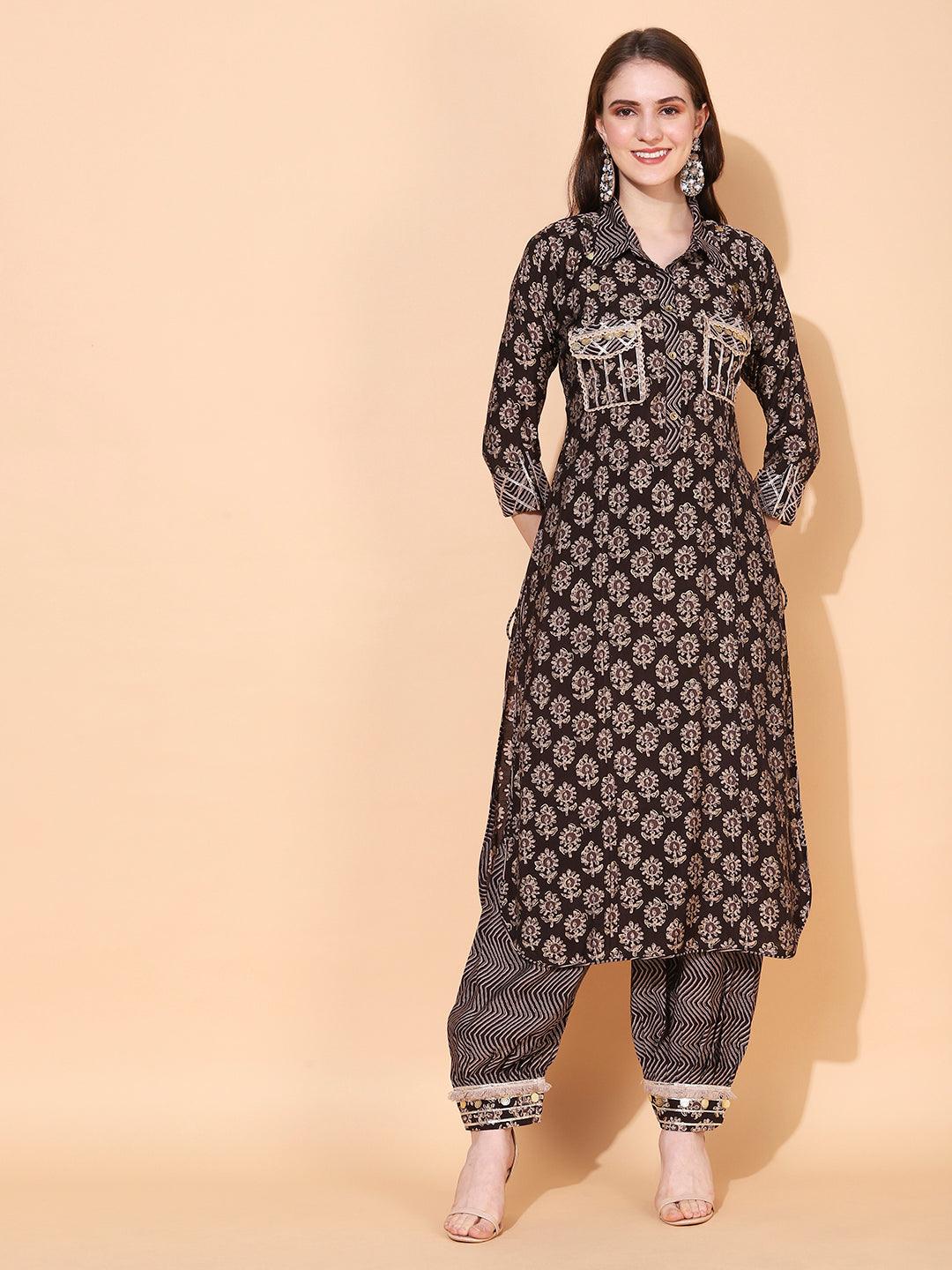 Ethnic Printed & Embroidered Straight Fit Kurta with Pants - Dark Brown - Indiakreations