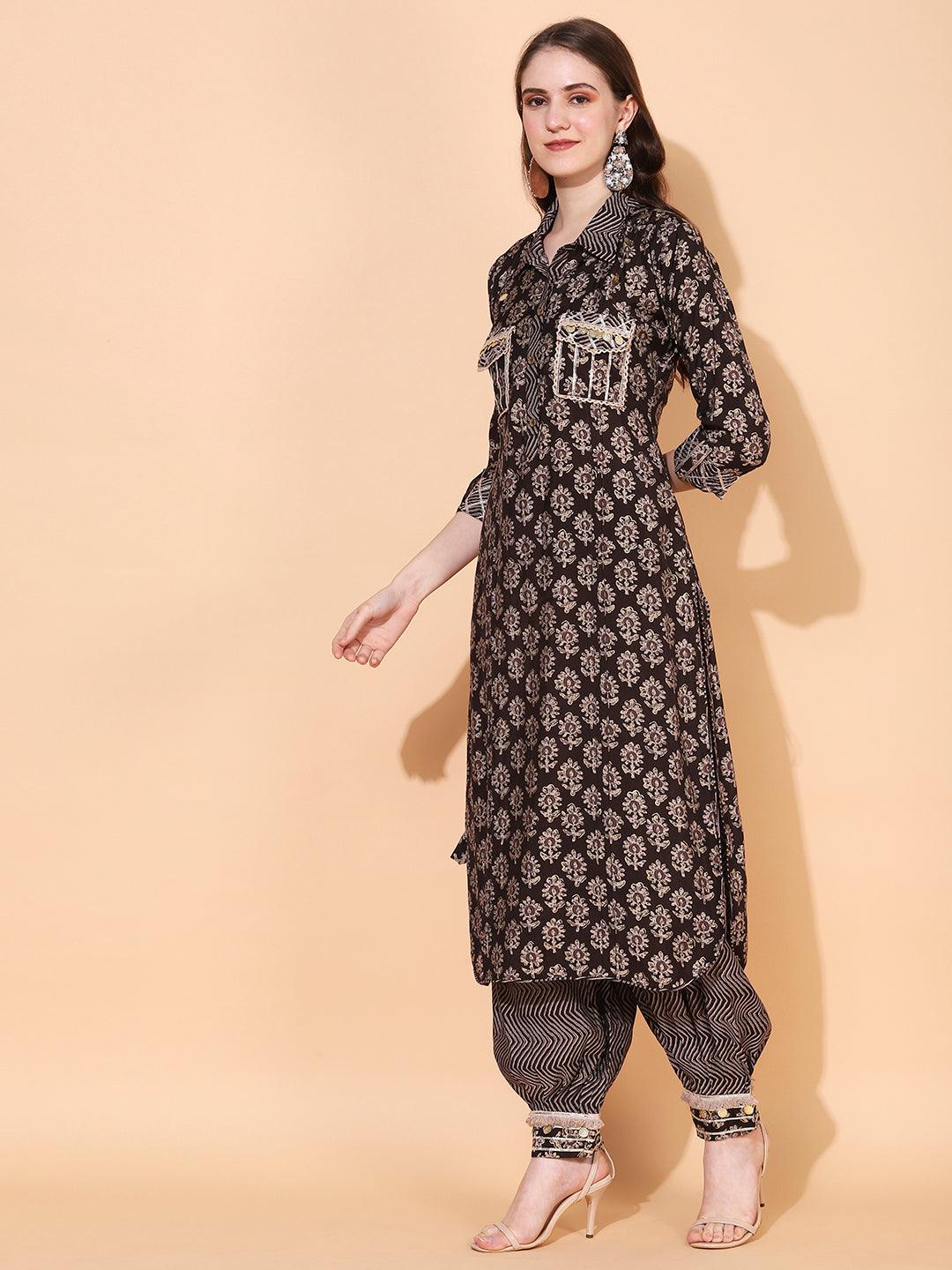 Ethnic Printed & Embroidered Straight Fit Kurta with Pants - Dark Brown - Indiakreations