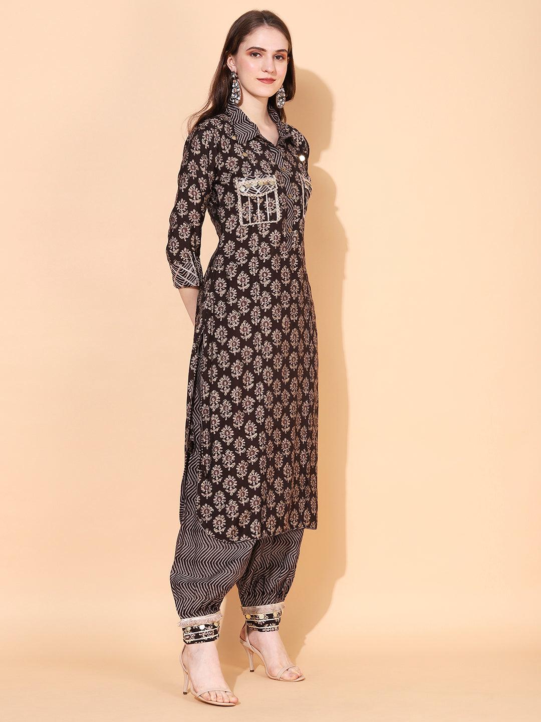 Ethnic Printed & Embroidered Straight Fit Kurta with Pants - Dark Brown - Indiakreations