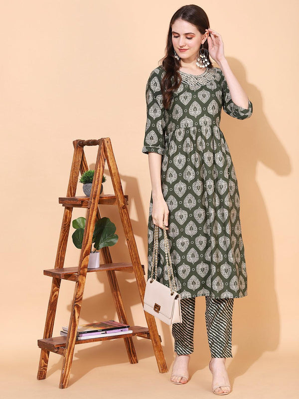 Ethnic Printed & Embroidered A-Line Kurta with Pants - Green - Indiakreations