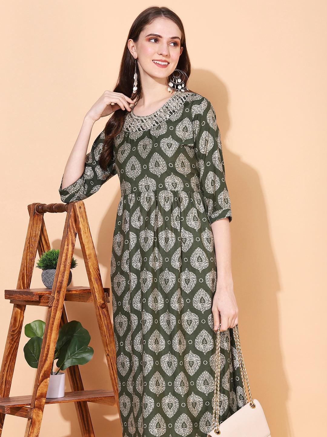 Ethnic Printed & Embroidered A-Line Kurta with Pants - Green - Indiakreations