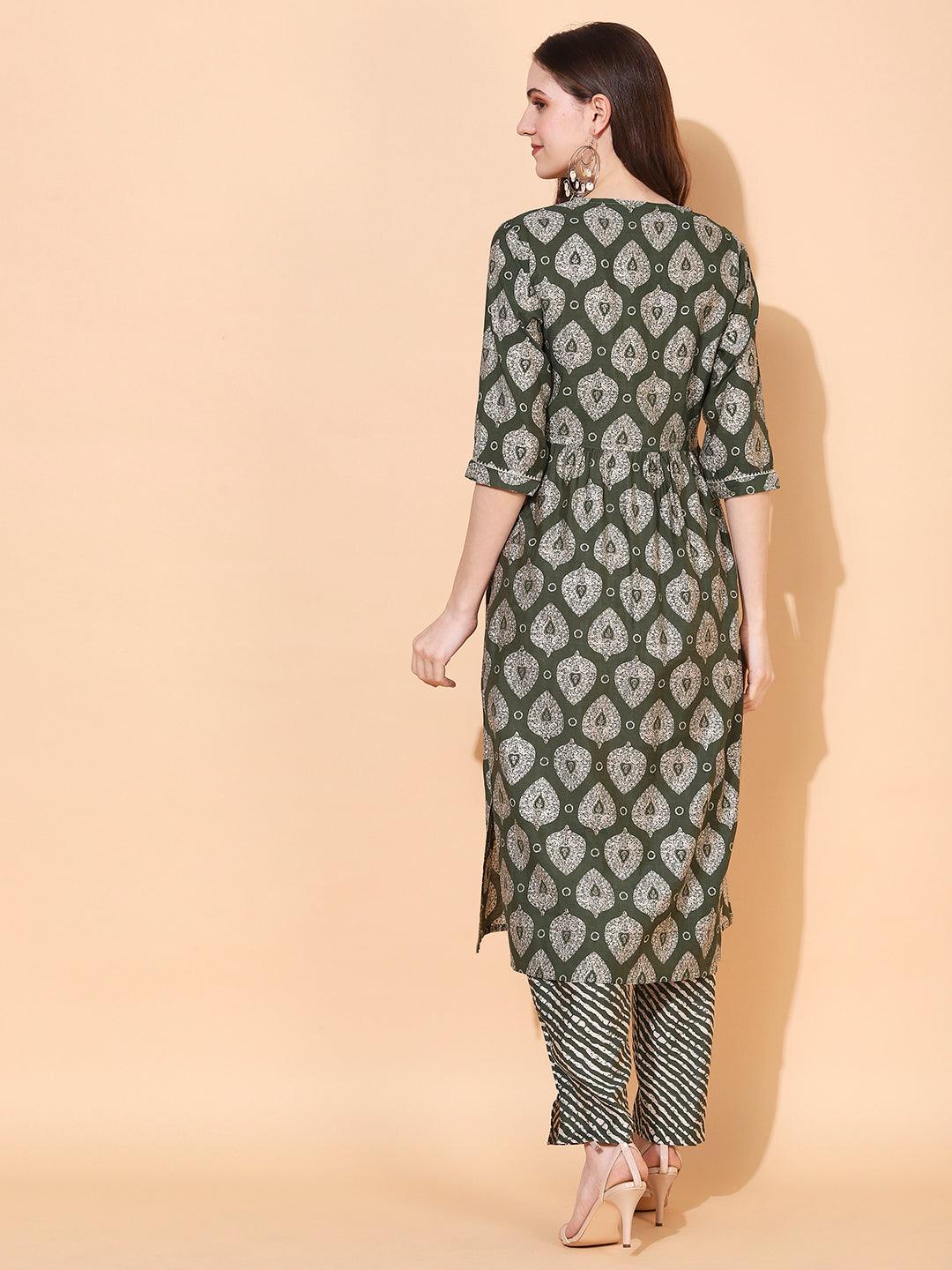 Ethnic Printed & Embroidered A-Line Kurta with Pants - Green - Indiakreations