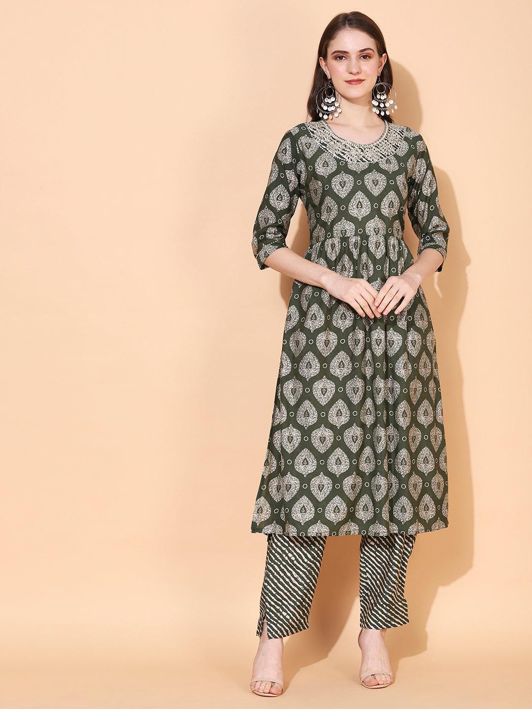 Ethnic Printed & Embroidered A-Line Kurta with Pants - Green - Indiakreations