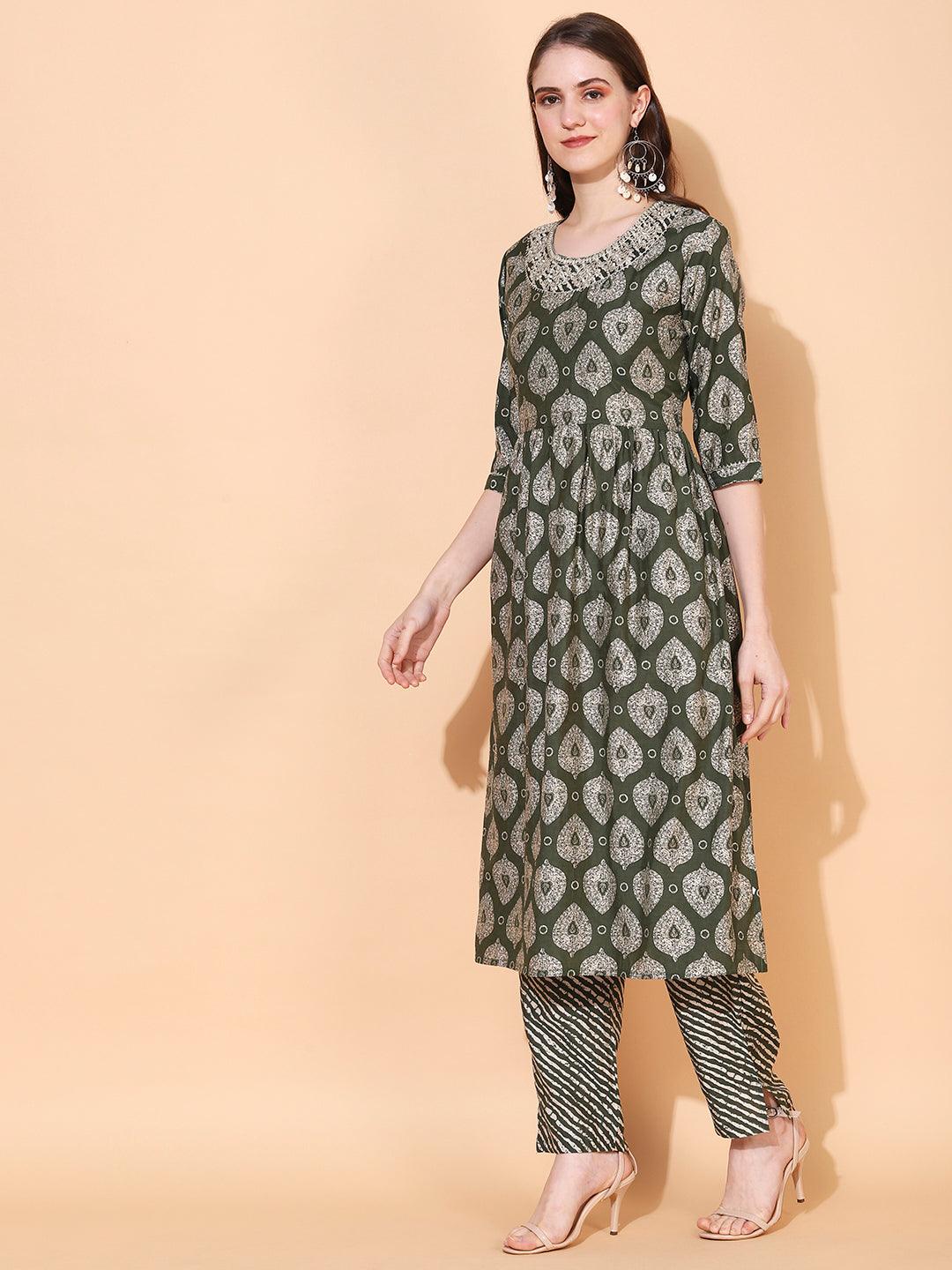 Ethnic Printed & Embroidered A-Line Kurta with Pants - Green - Indiakreations