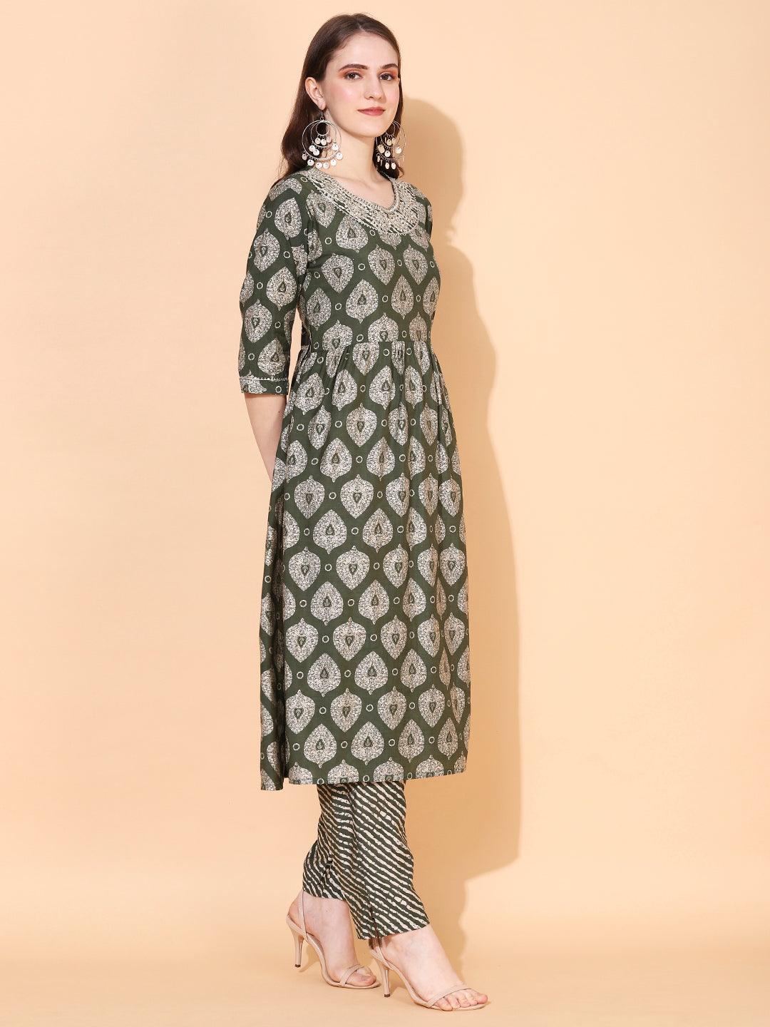 Ethnic Printed & Embroidered A-Line Kurta with Pants - Green - Indiakreations