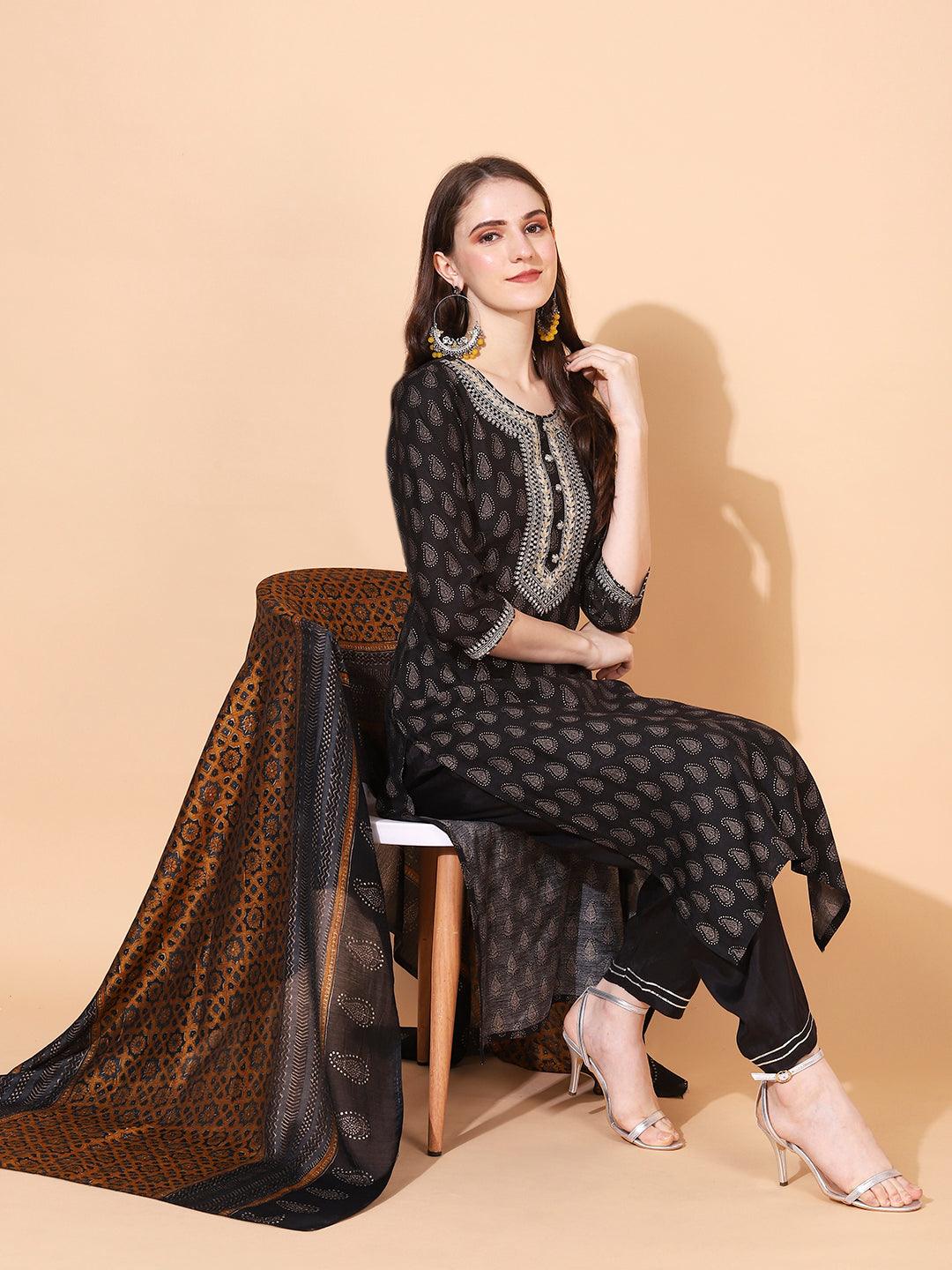 Ethnic Printed & Embroidered Kurta with Pants & Dupatta - Black - Indiakreations