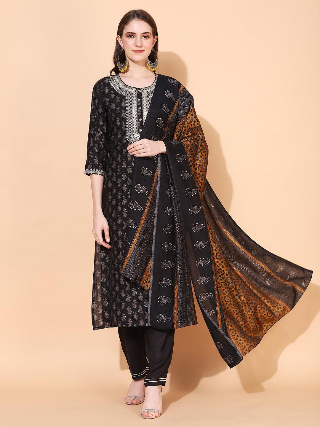 Ethnic Printed & Embroidered Kurta with Pants & Dupatta - Black - Indiakreations