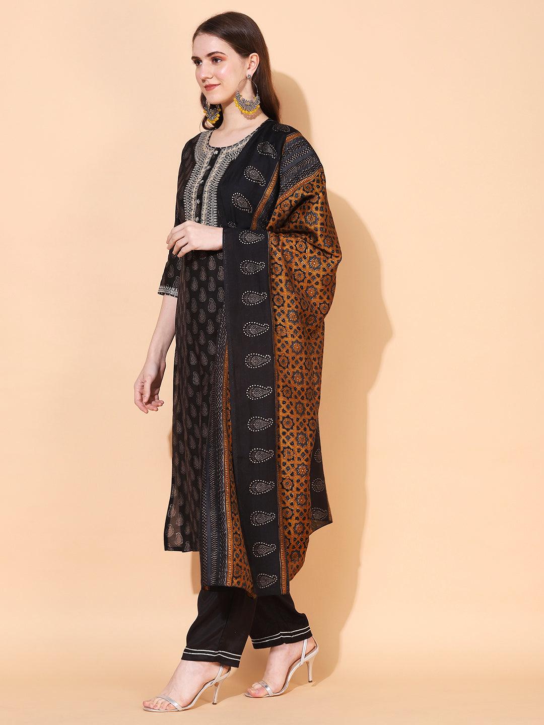 Ethnic Printed & Embroidered Kurta with Pants & Dupatta - Black - Indiakreations