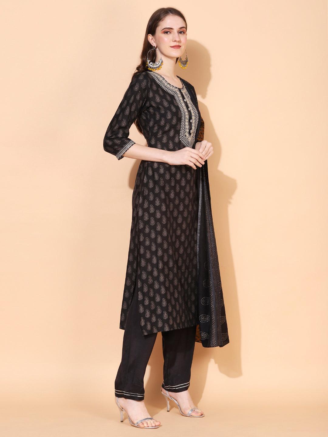 Ethnic Printed & Embroidered Kurta with Pants & Dupatta - Black - Indiakreations