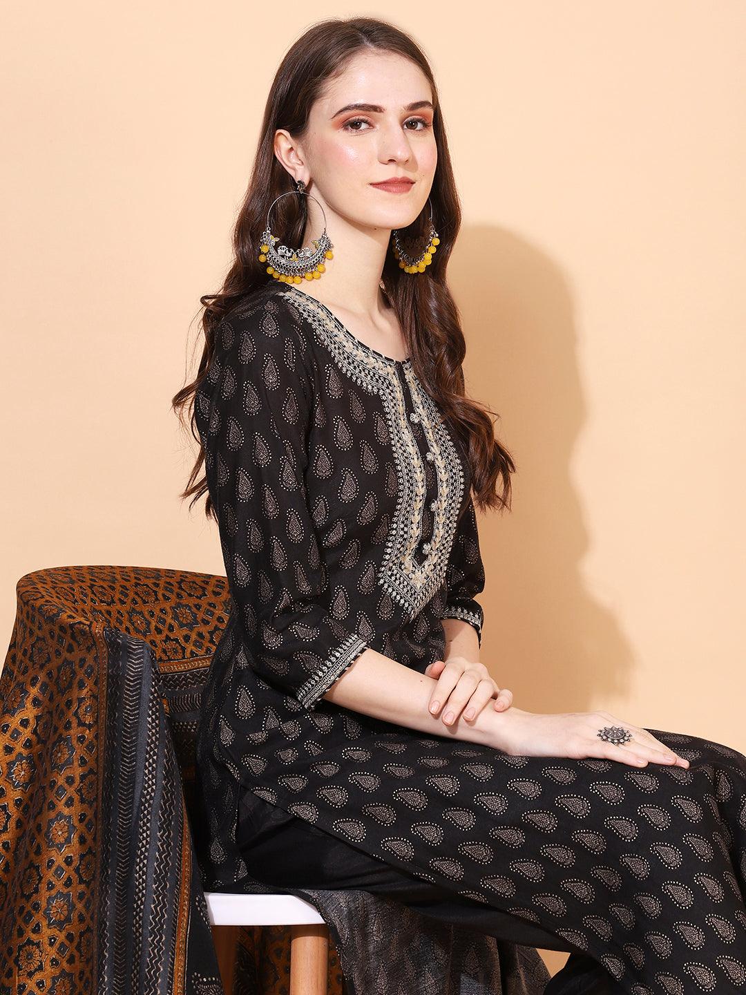 Ethnic Printed & Embroidered Kurta with Pants & Dupatta - Black - Indiakreations