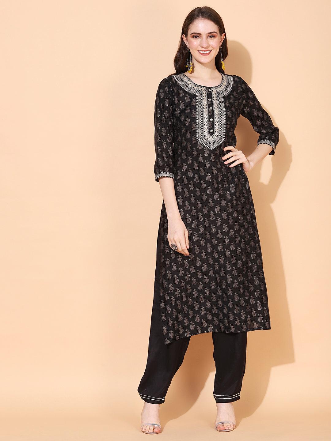 Ethnic Printed & Embroidered Kurta with Pants & Dupatta - Black - Indiakreations