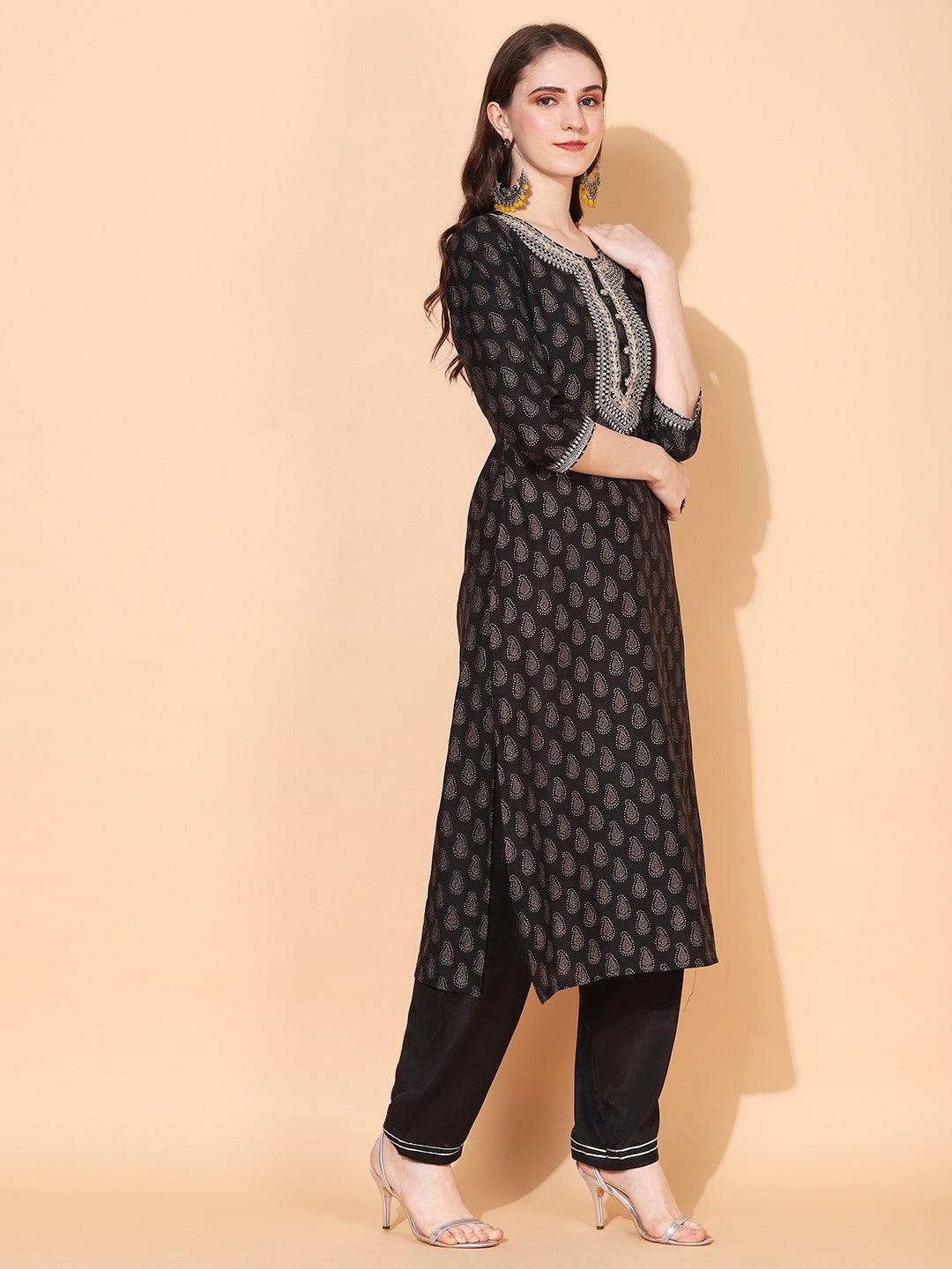 Ethnic Printed & Embroidered Kurta with Pants & Dupatta - Black - Indiakreations