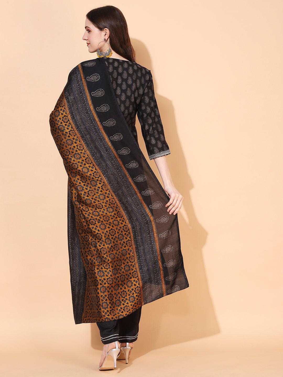 Ethnic Printed & Embroidered Kurta with Pants & Dupatta - Black - Indiakreations