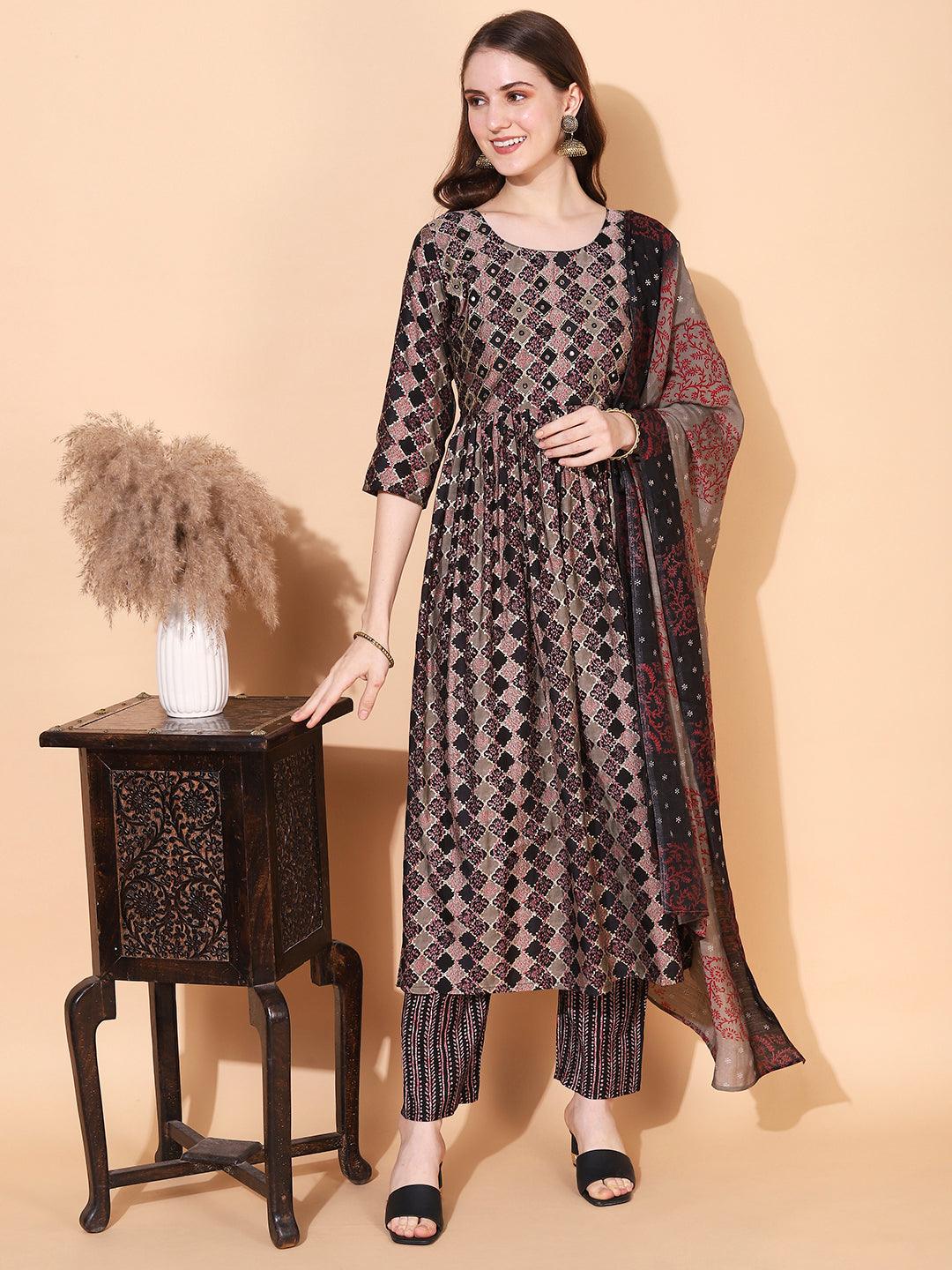 Ethnic Printed & Hand Embroidered A-Line Kurta with Pants & Dupatta - Multi - Indiakreations