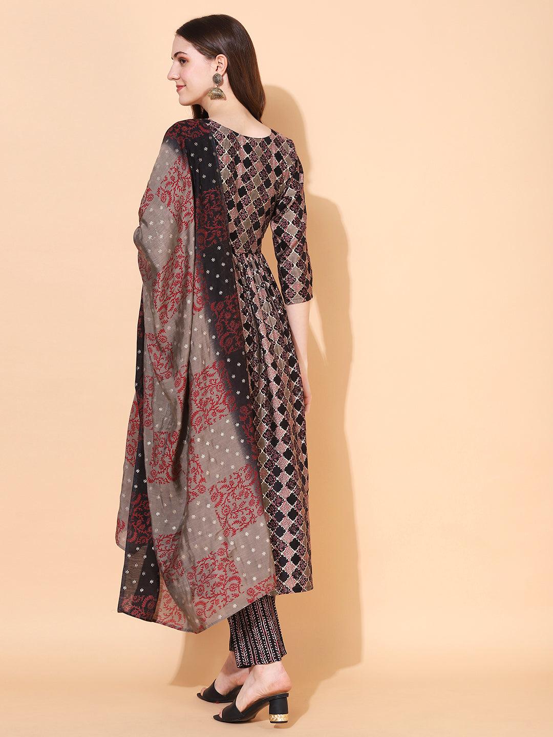 Ethnic Printed & Hand Embroidered A-Line Kurta with Pants & Dupatta - Multi - Indiakreations