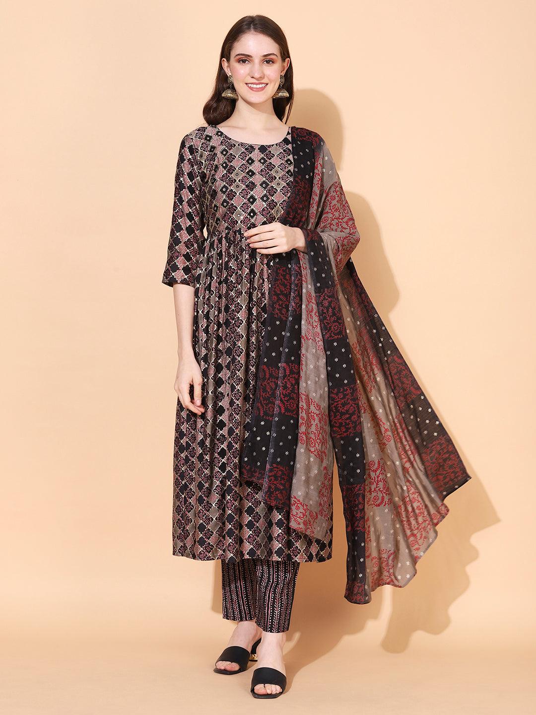 Ethnic Printed & Hand Embroidered A-Line Kurta with Pants & Dupatta - Multi - Indiakreations