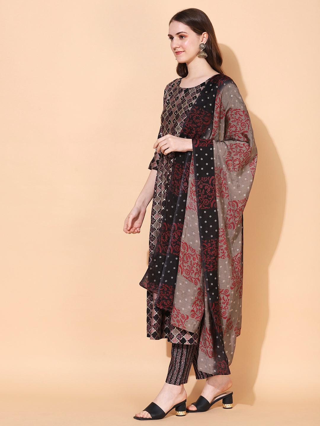 Ethnic Printed & Hand Embroidered A-Line Kurta with Pants & Dupatta - Multi - Indiakreations