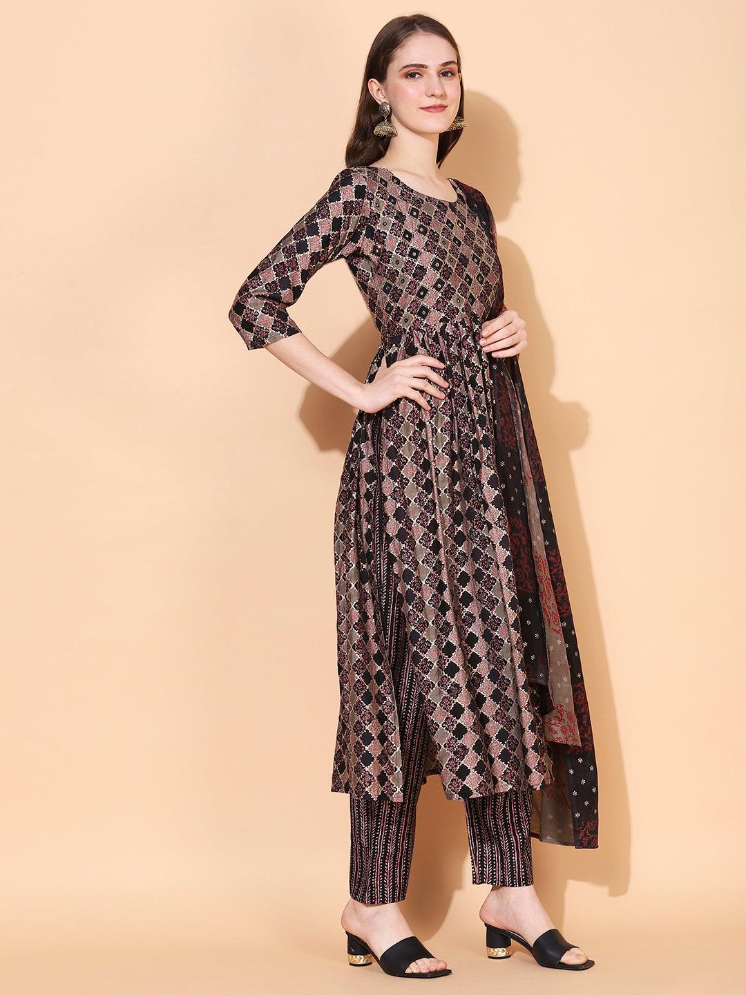 Ethnic Printed & Hand Embroidered A-Line Kurta with Pants & Dupatta - Multi - Indiakreations