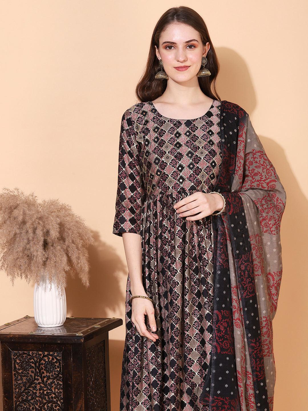 Ethnic Printed & Hand Embroidered A-Line Kurta with Pants & Dupatta - Multi - Indiakreations