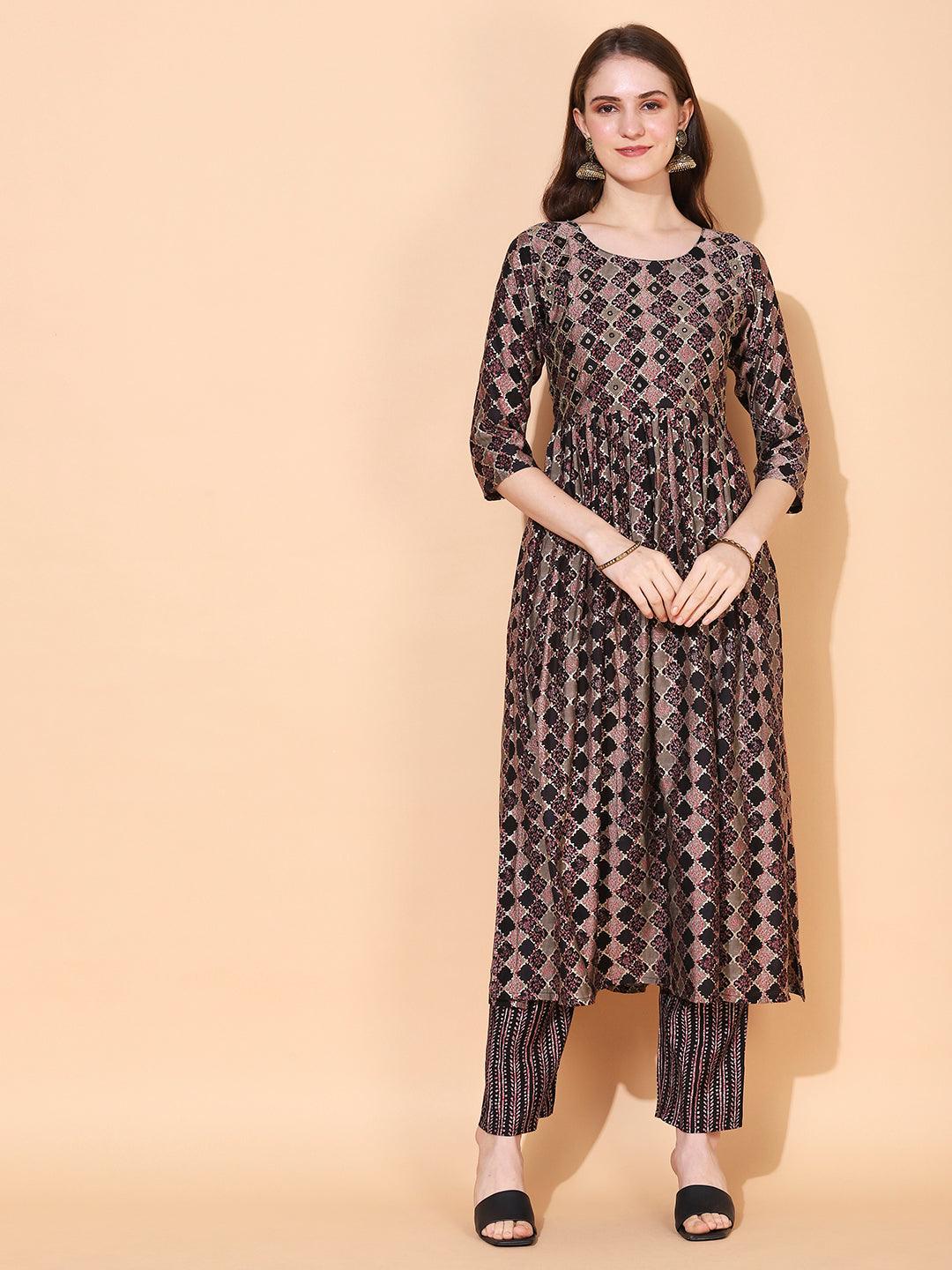 Ethnic Printed & Hand Embroidered A-Line Kurta with Pants & Dupatta - Multi - Indiakreations