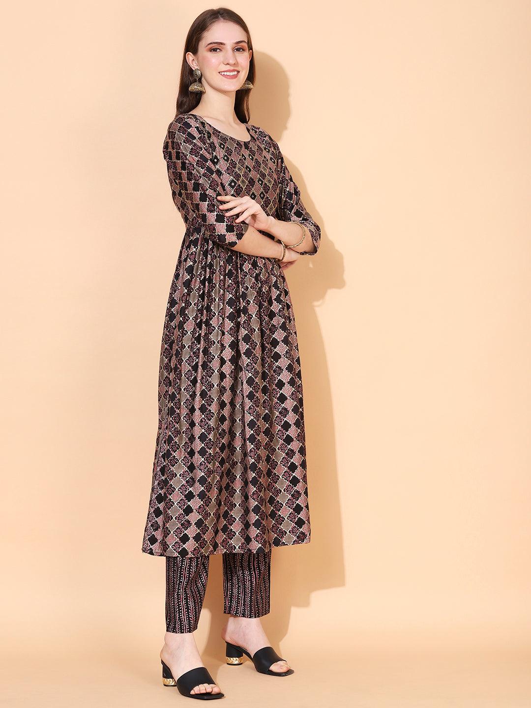 Ethnic Printed & Hand Embroidered A-Line Kurta with Pants & Dupatta - Multi - Indiakreations