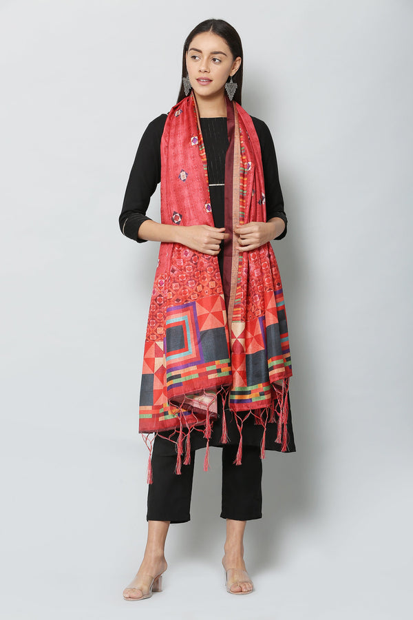 Women's Red Color Art Silk Digital Printed Dupatta - VAABA