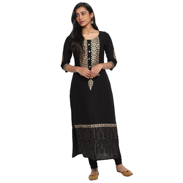 Women's Black Cotton Printed Straight Kurti With Block Print (1 Pc) - Noz2Toz