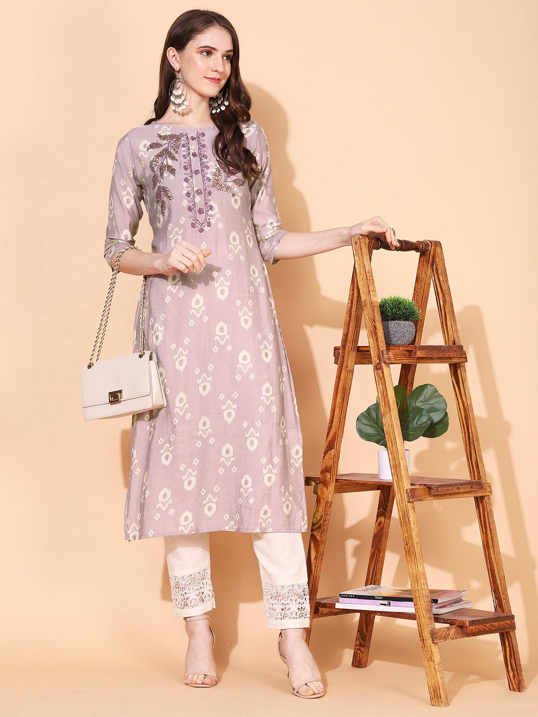 Floral Hand Embroidered Straight Fit Kurta – Lilac Purple - Indiakreations