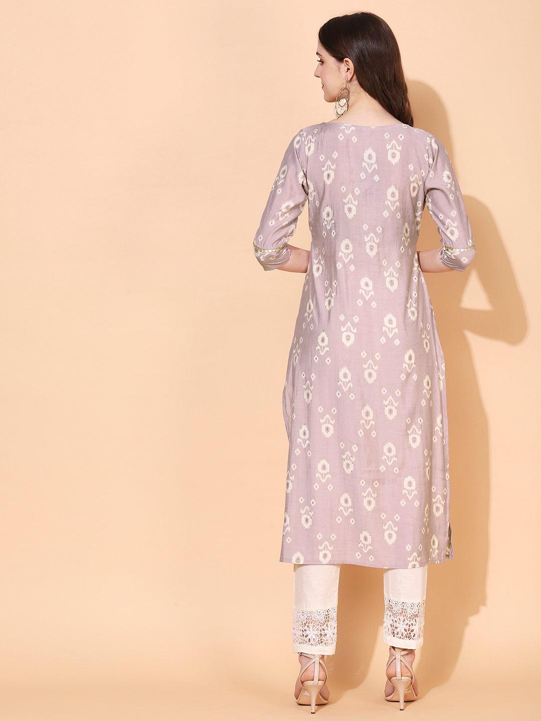 Floral Hand Embroidered Straight Fit Kurta – Lilac Purple - Indiakreations