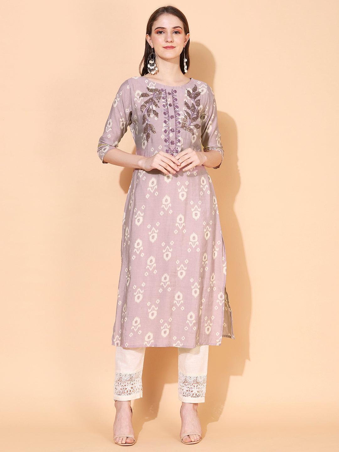 Floral Hand Embroidered Straight Fit Kurta – Lilac Purple - Indiakreations