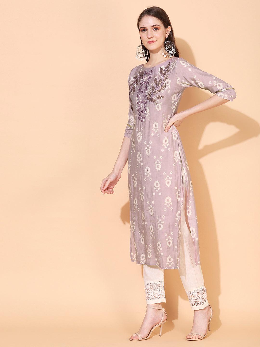 Floral Hand Embroidered Straight Fit Kurta – Lilac Purple - Indiakreations