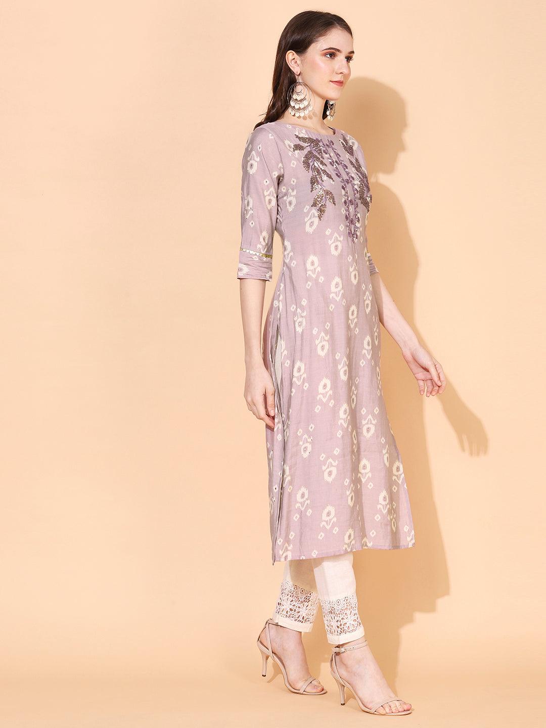 Floral Hand Embroidered Straight Fit Kurta – Lilac Purple - Indiakreations