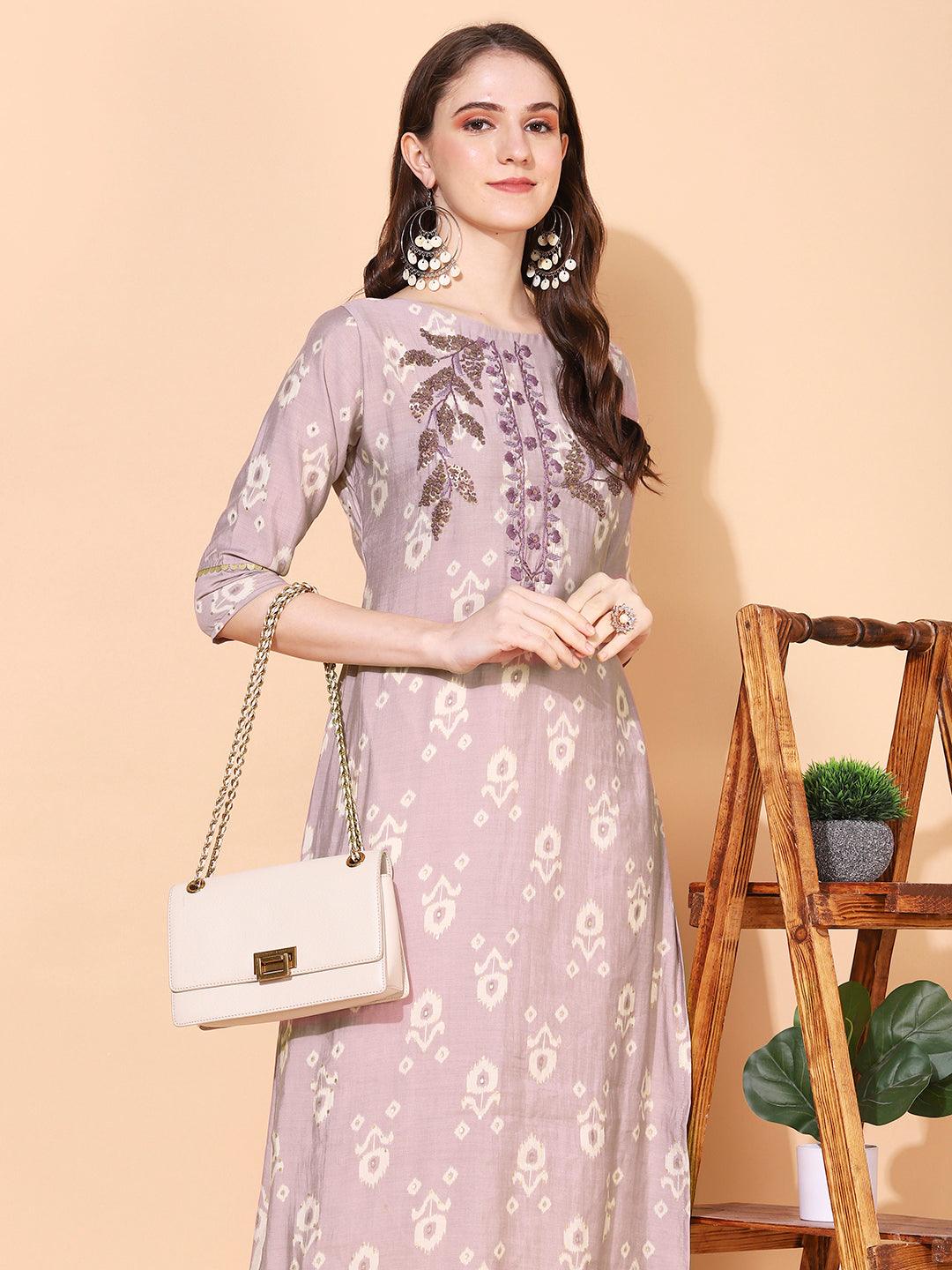 Floral Hand Embroidered Straight Fit Kurta – Lilac Purple - Indiakreations