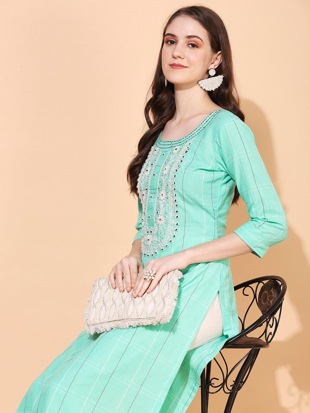 Ethnic Woven & Hand Embroidered Straight Fit Kurta – Mint Green - Indiakreations