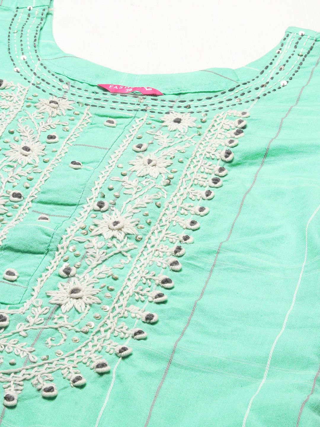 Ethnic Woven & Hand Embroidered Straight Fit Kurta – Mint Green - Indiakreations