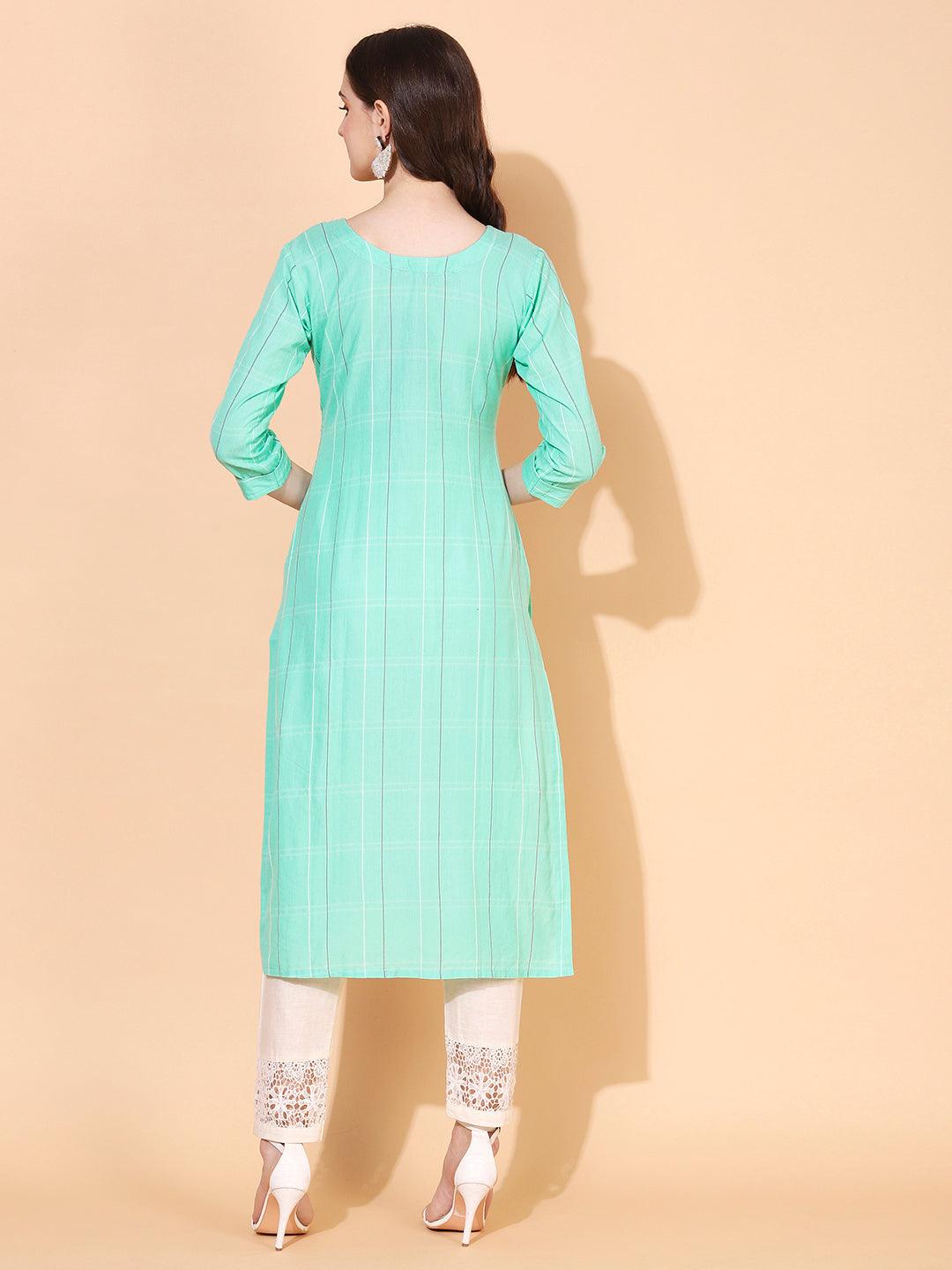 Ethnic Woven & Hand Embroidered Straight Fit Kurta – Mint Green - Indiakreations