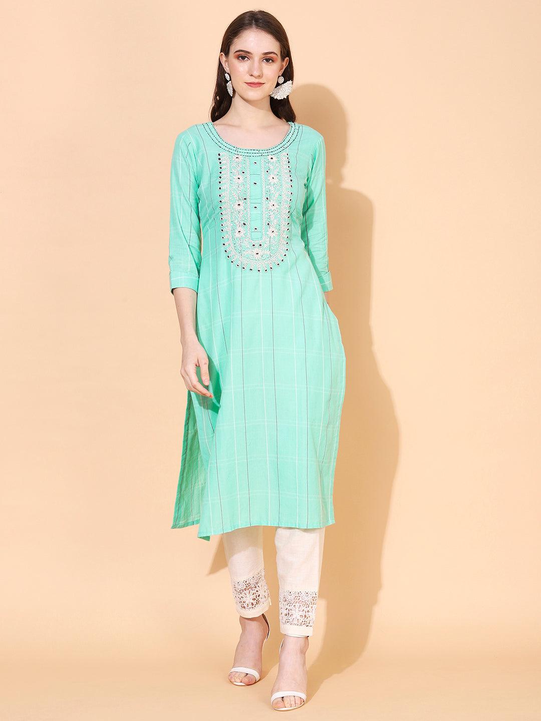 Ethnic Woven & Hand Embroidered Straight Fit Kurta – Mint Green - Indiakreations