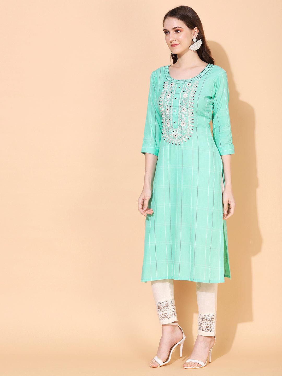 Ethnic Woven & Hand Embroidered Straight Fit Kurta – Mint Green - Indiakreations