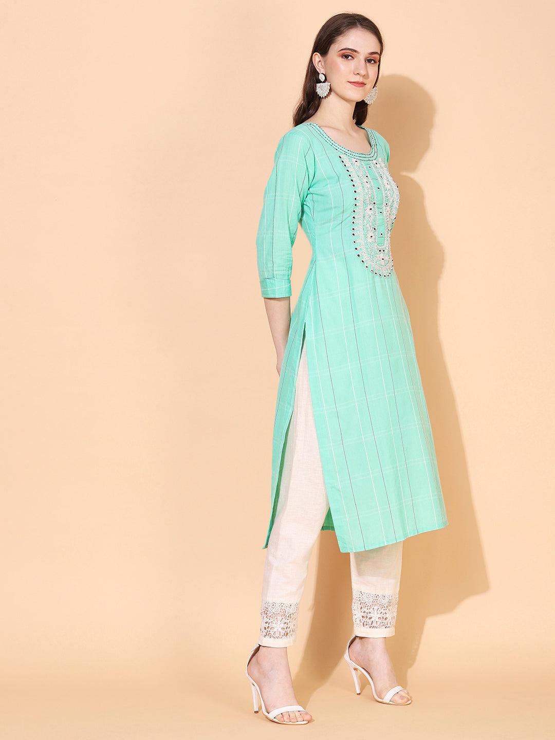 Ethnic Woven & Hand Embroidered Straight Fit Kurta – Mint Green - Indiakreations