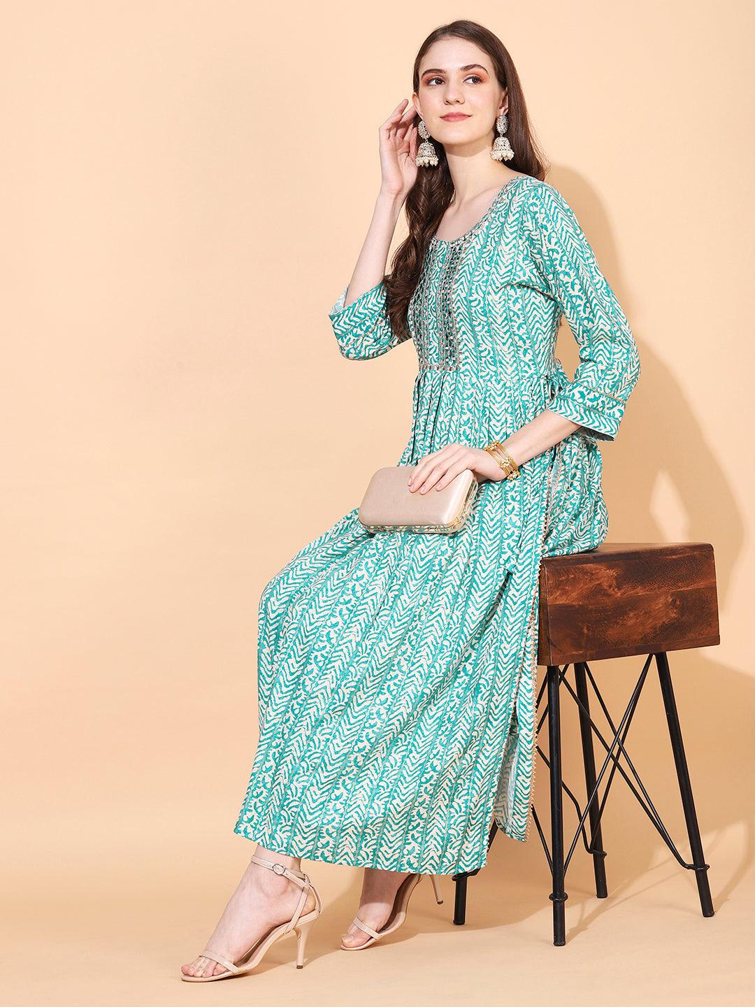 Ethnic Printed & Embroidered A-Line Kurta – Sea Green - Indiakreations